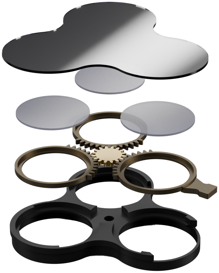 Amoeba exploded view: cover glass, three polarizers, brass gear train, housing and keeper plate