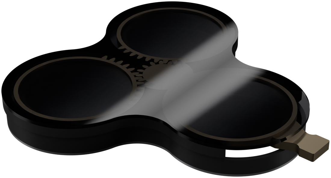 Amoeba render: a three-lobed black cover with a brass lever and polarizing glass
