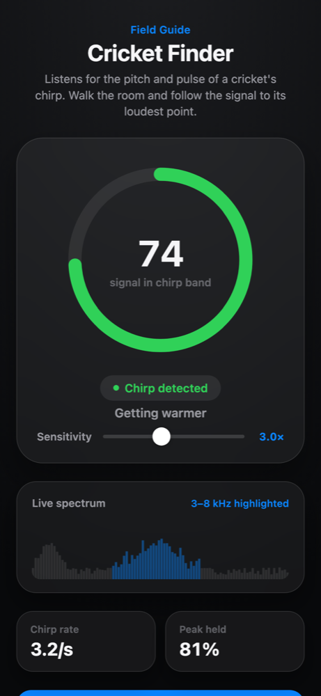 Cricket Finder app showing a live chirp signal ring and spectrum