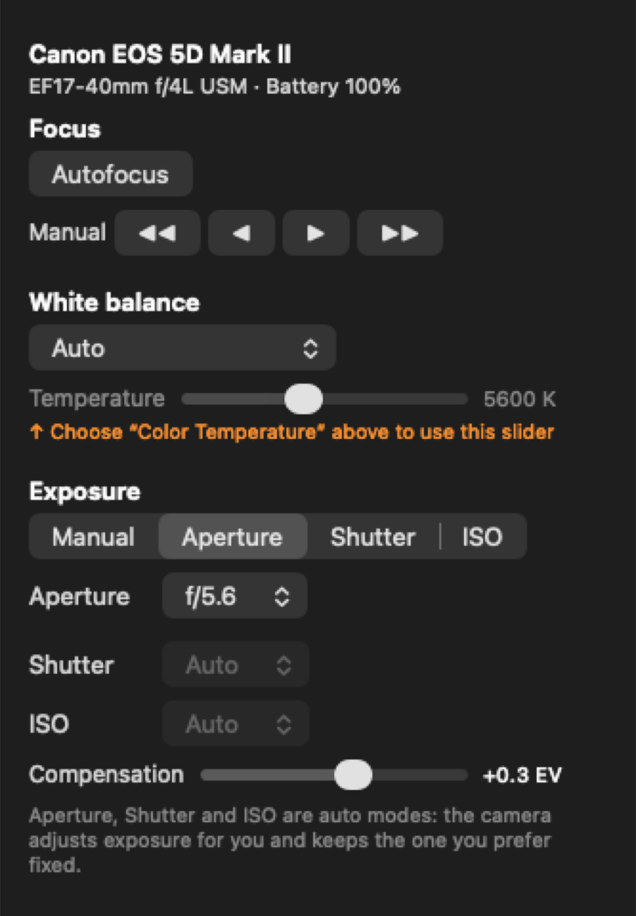 DSLR Connect exposure and white balance controls