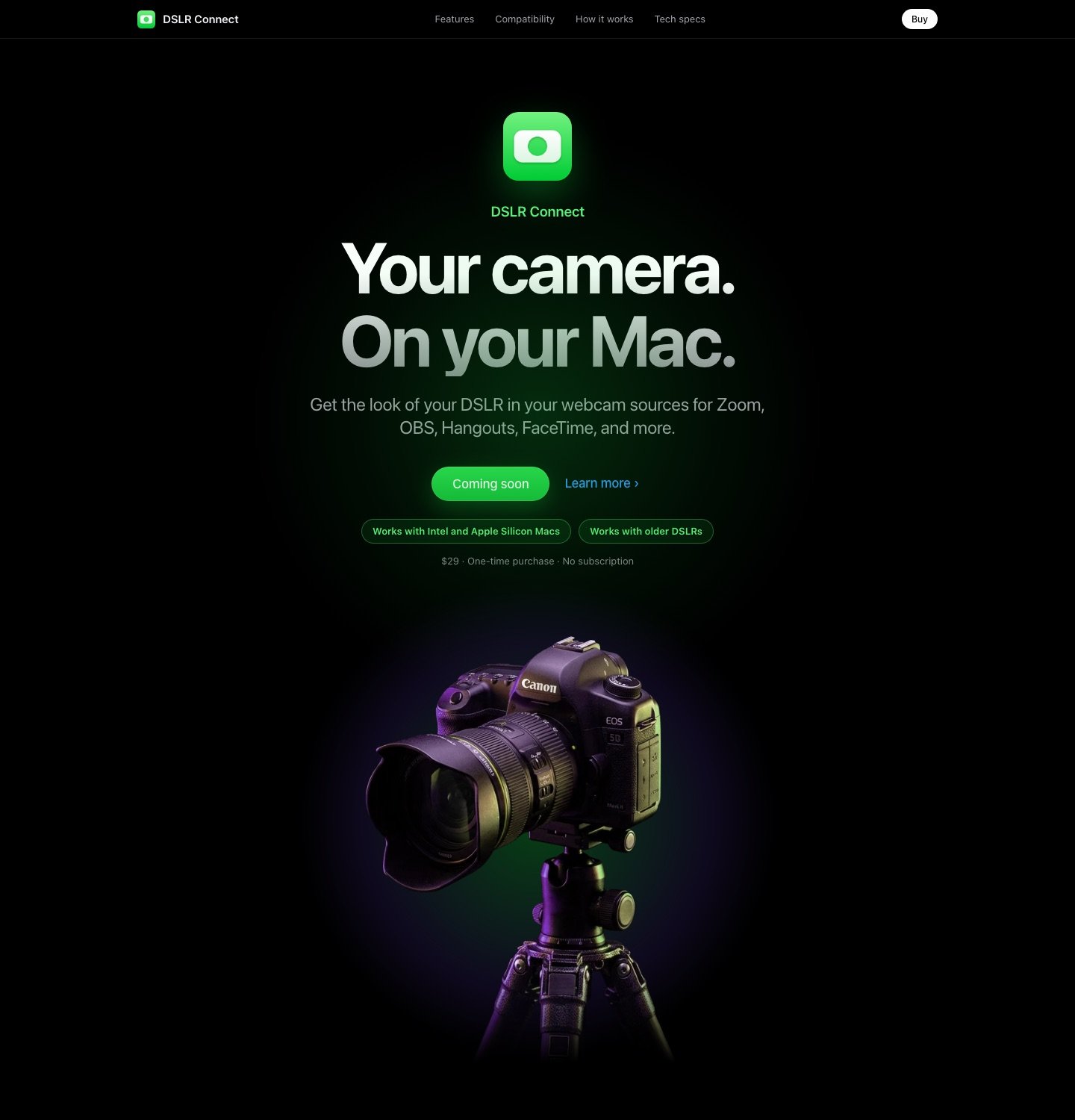 DSLR Connect web page: Your camera, on your Mac