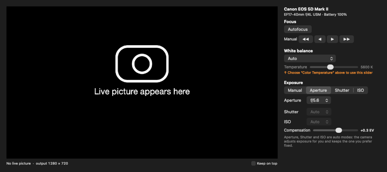 DSLR Connect preview window with live view and camera controls