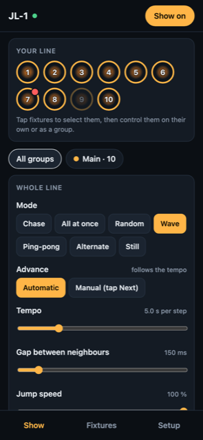 JL-1 phone app showing ten fixtures and show modes