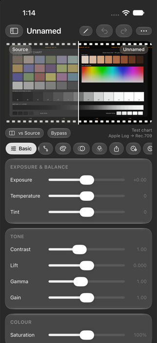 QuickLUT on iPhone comparing a test chart before and after a look